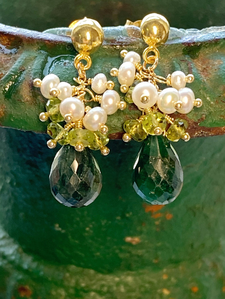 Emerald and Peridot Pearl Cluster Earrings Gold