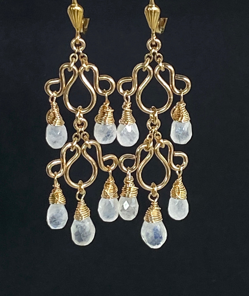 Rainbow Moonstone Gemstone Chandelier Earrings Gold Fill - doolittlejewelry