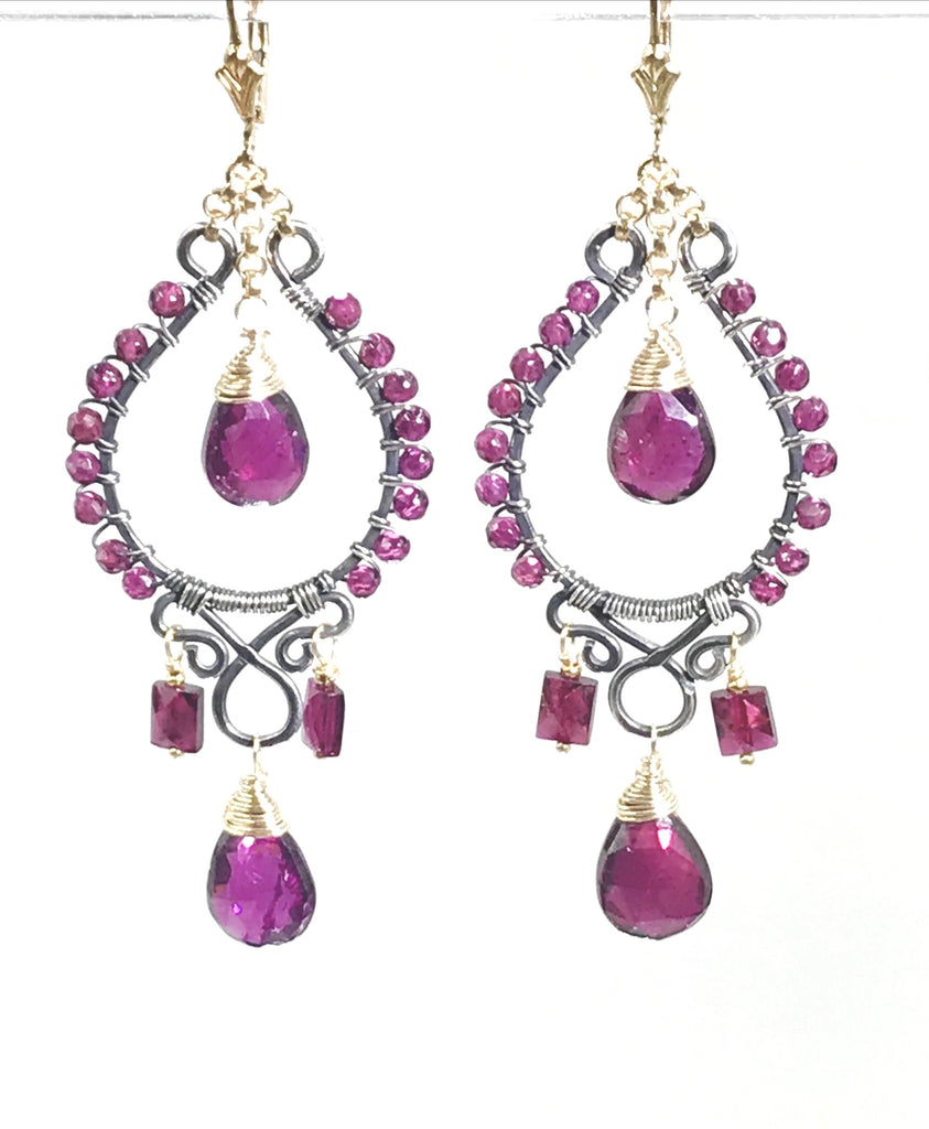 Rhodolite Garnet Chandelier Earrings Mixed Metal Boho Style Oxidized Silver Gold Fill