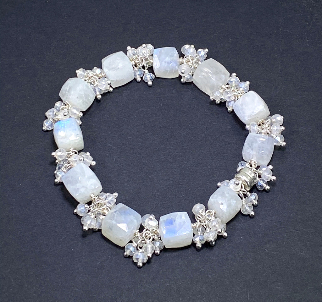 Rainbow Moonstone Bridal Bracelet Mystic Crystal Cluster Sterling Silver - doolittlejewelry