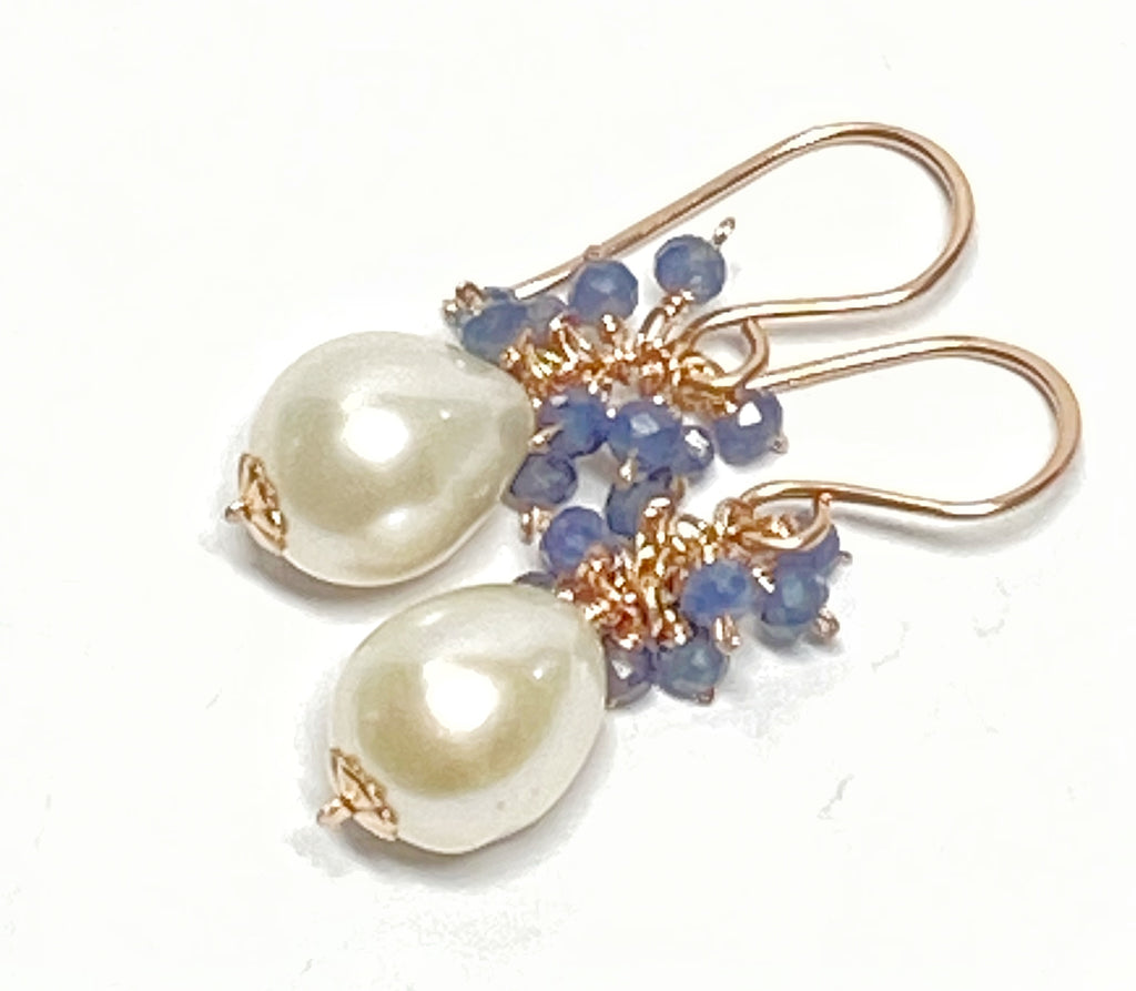 Blue Sapphire and Pearl Cluster Earrings Rose Gold