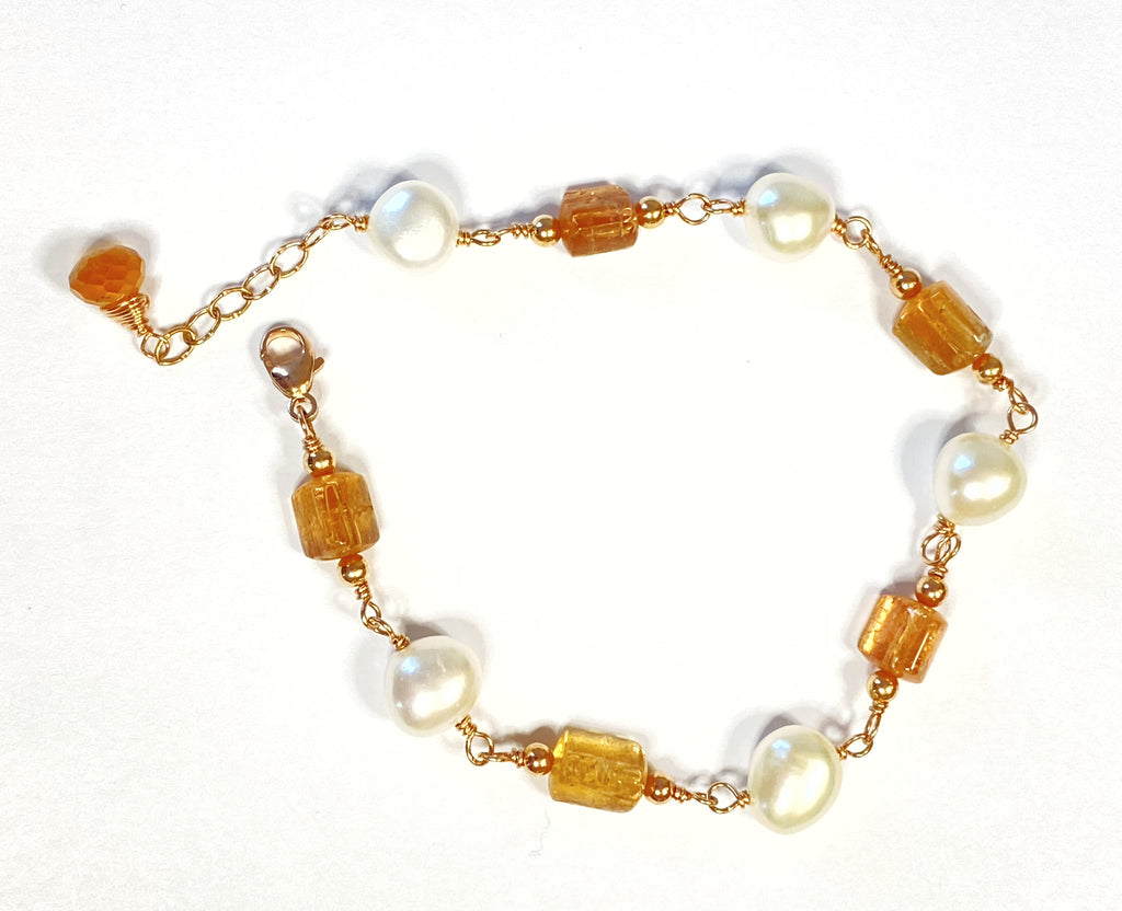 Imperial Topaz, Pearl and Rose Gold Wire Wrapped Bracelet