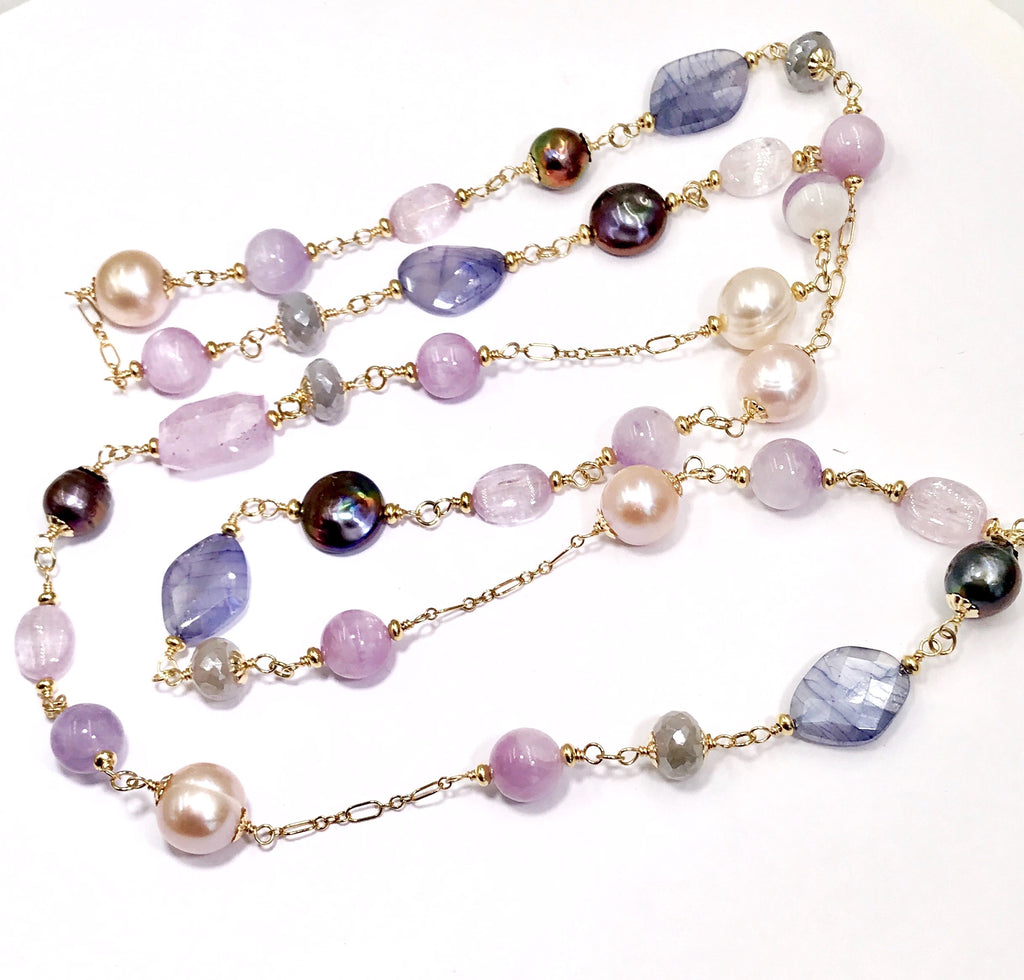 Long Multicolor Gem Stone Necklace Gold Kunzite, Blue Sapphire, Moonstone, Pearl