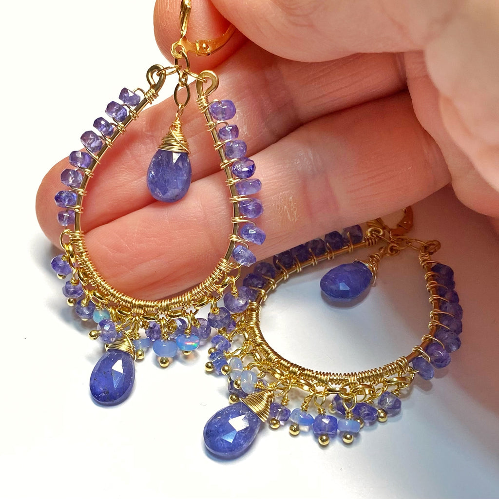 Tanzanite and Opal Hoop Earrings in Gold Fill