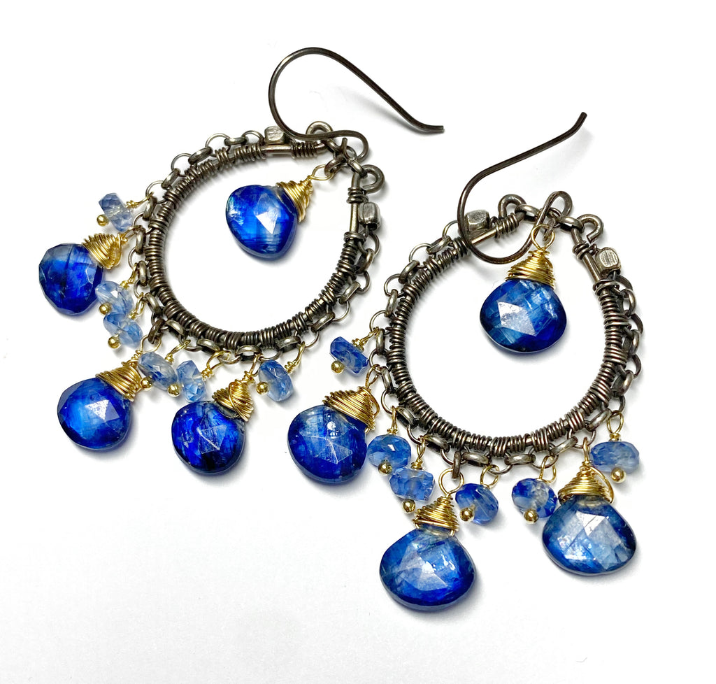 Blue Kyanite Gemstone Mixed Metal Hoop Earrings Gold Fill Oxidized Sterling Silver