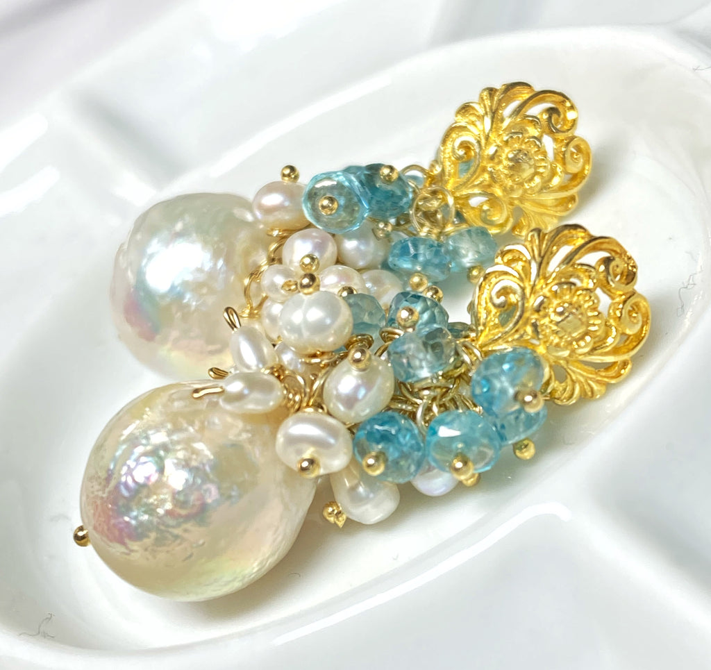 Blue Zircon Pearl Cluster Earrings Gold Post