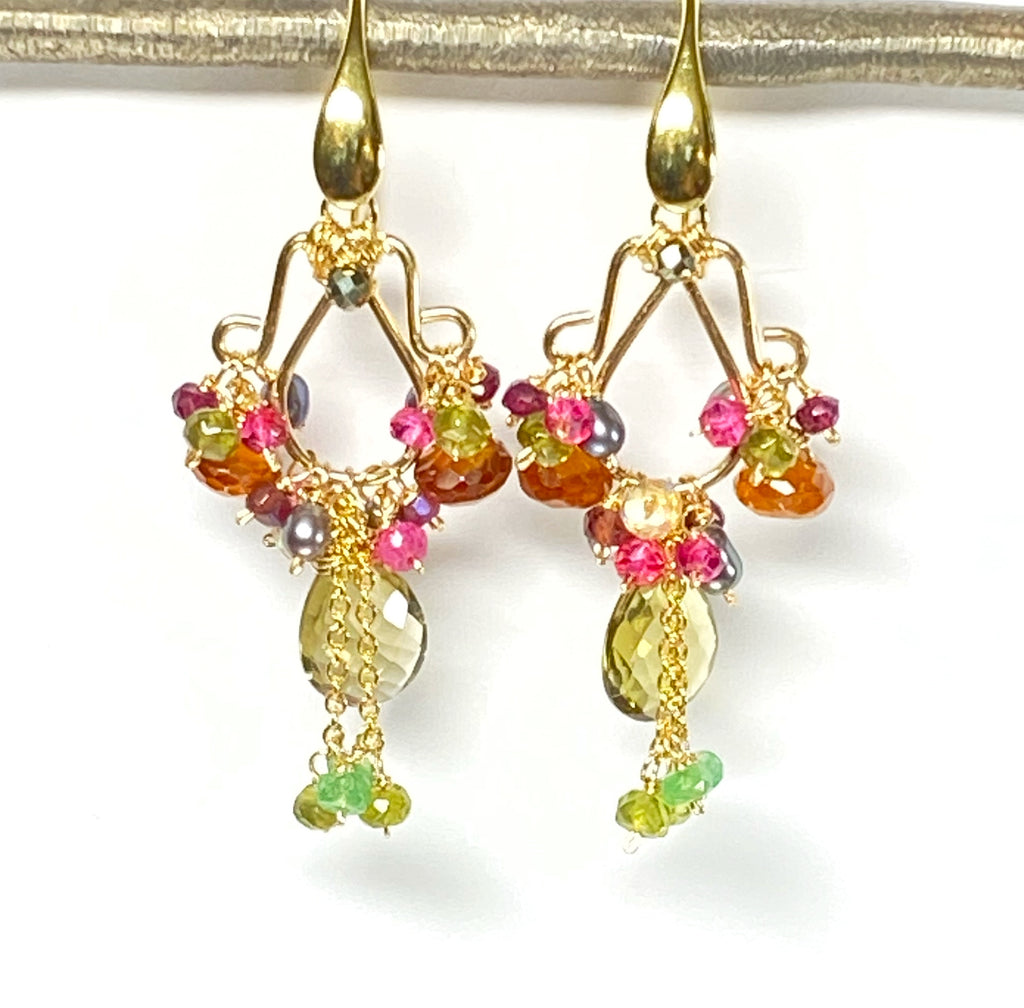 Garnet and Olive Green Gemstone Chandelier Earrings Gold