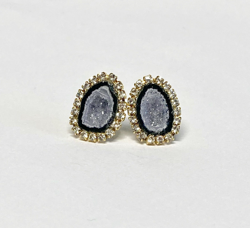 Tabasco Geode Stud Earrings Black & Lavender Grey Druzy Crystals