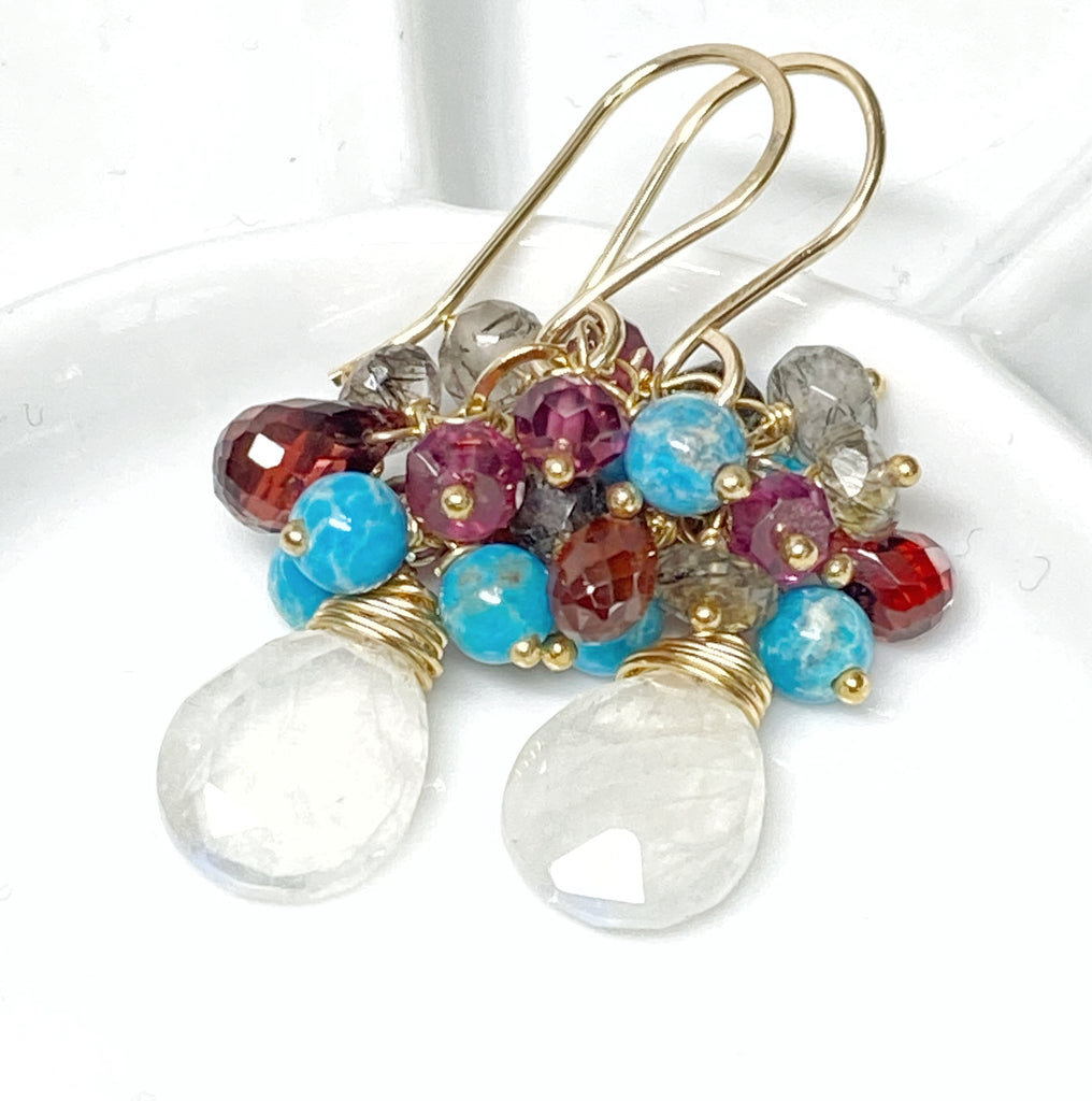Moonstone with Turquoise and Garnet Cluster Gold Filled Earrings - Doolittle