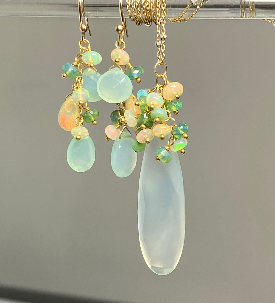 Aqua Chalcedony Opal Cluster Necklace Earring Set