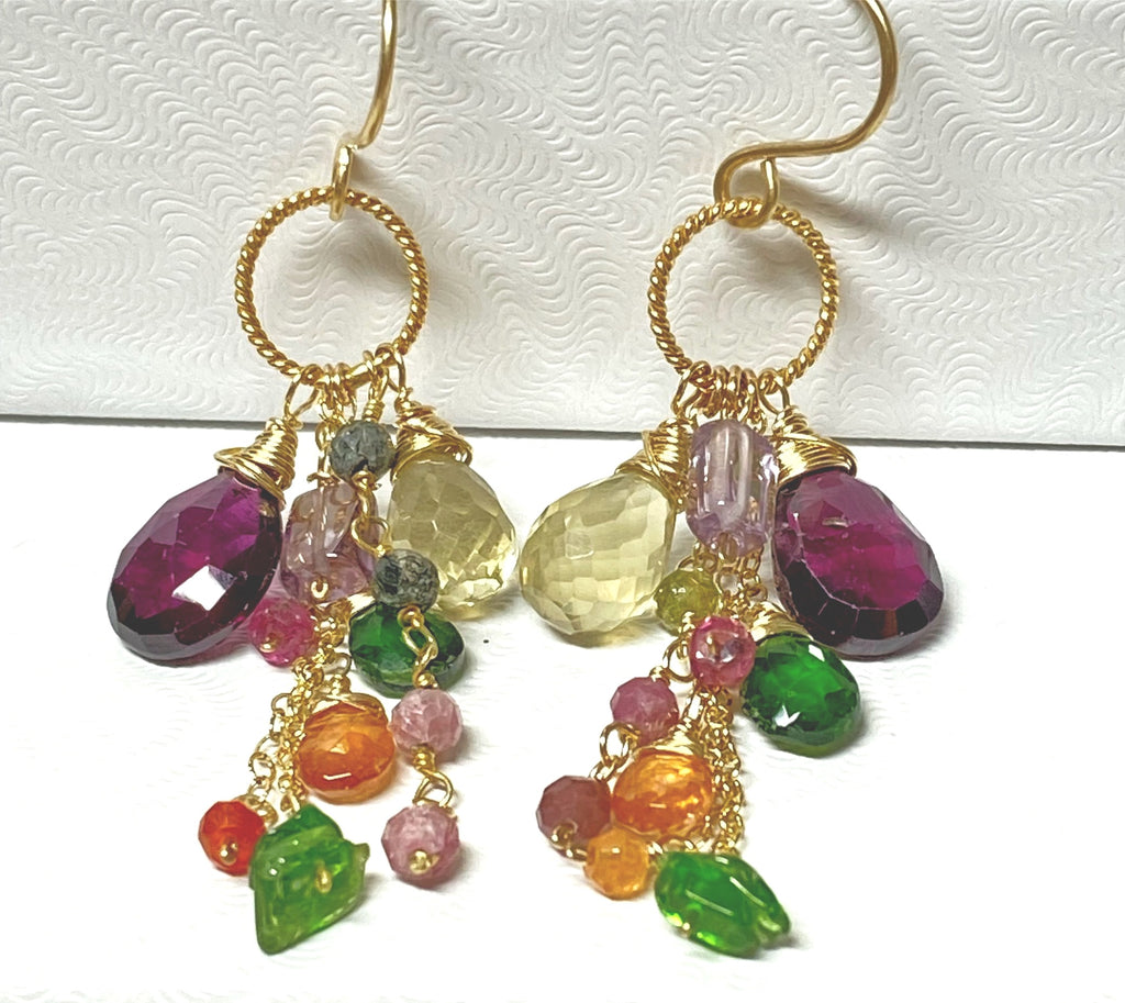 Multicolor Gemstone Gold Dangle Earrings Rhodolite Garnet, Lemon Quartz