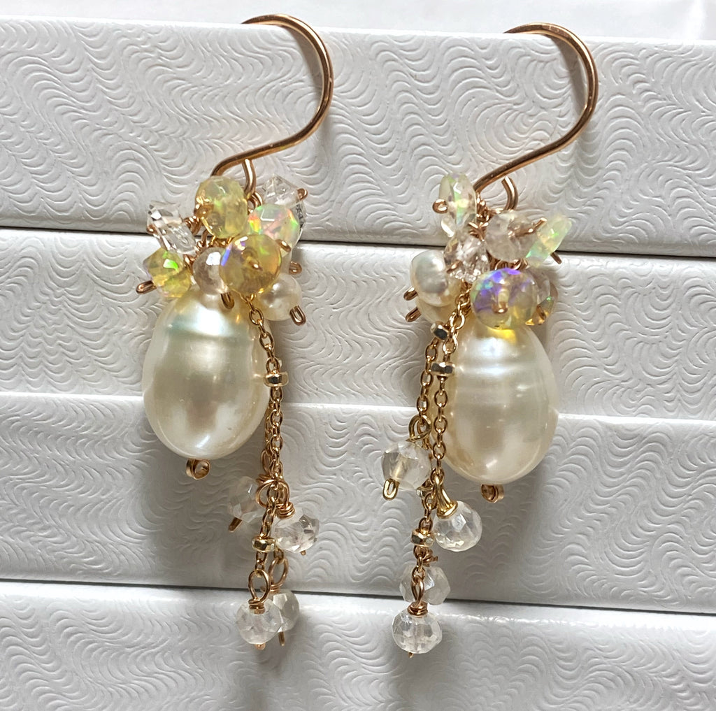 Rose Gold, Opal Cluster, Pearl Earrings