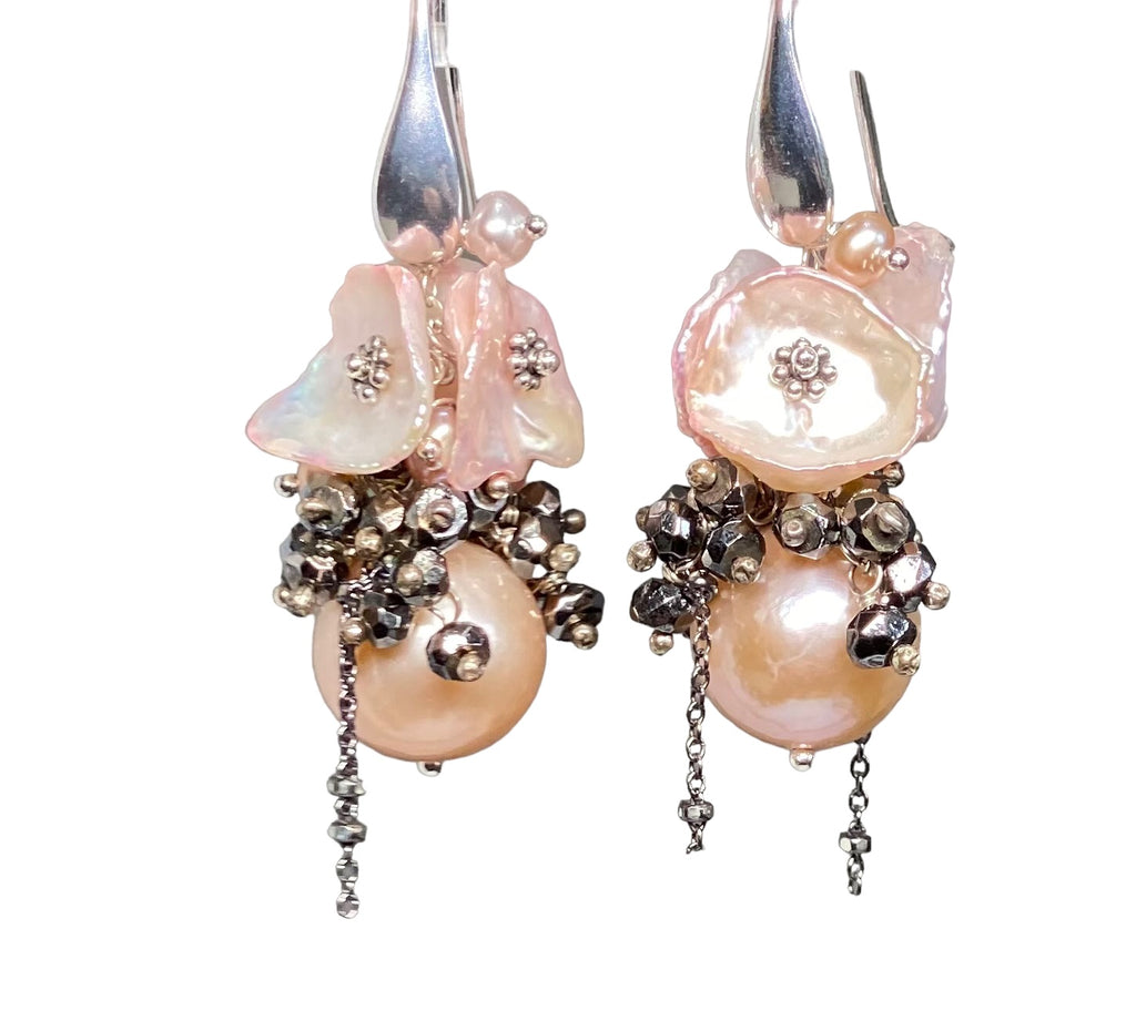 Pink Edison Pearl Cluster Earrings Blush Pink Keishi and Black Pyrite, French Style