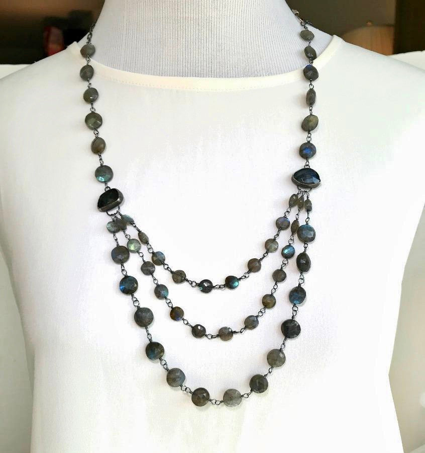 Multi-Strand Long Wire Wrap Labradorite Necklace - doolittlejewelry