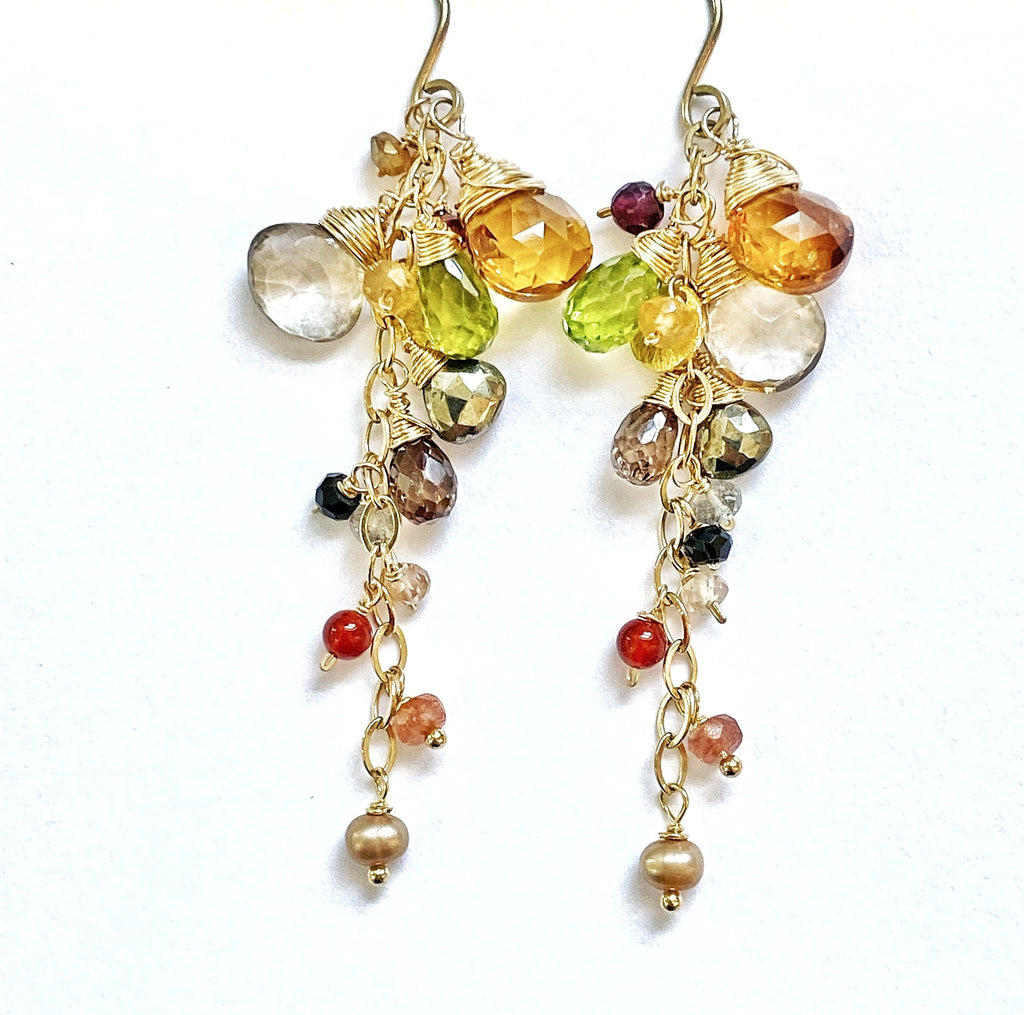 Citrine and multi gem stone dangle earrings on Gold Filled chain