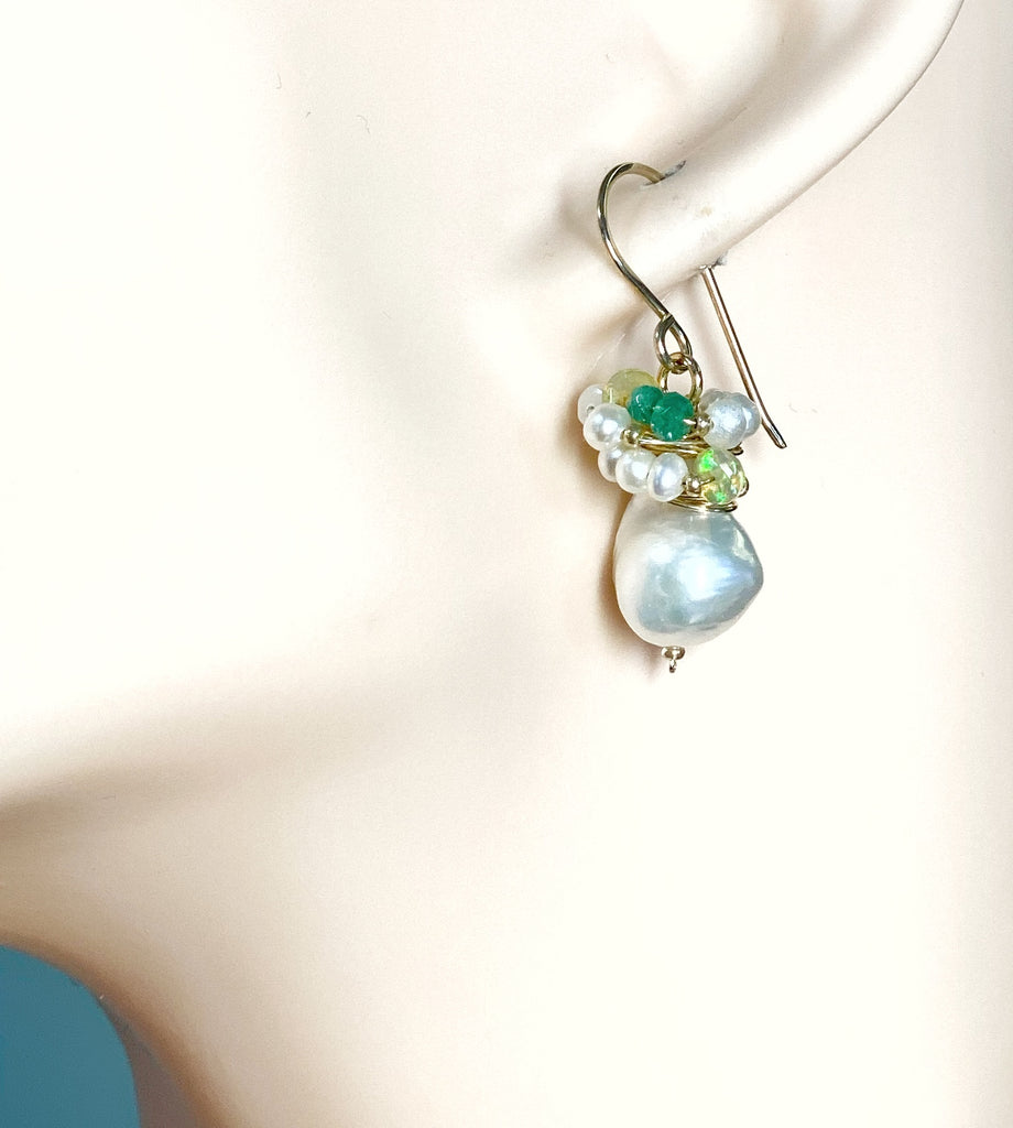 Emerald, Opal and Pearl Cluster Earrings Gold Fill