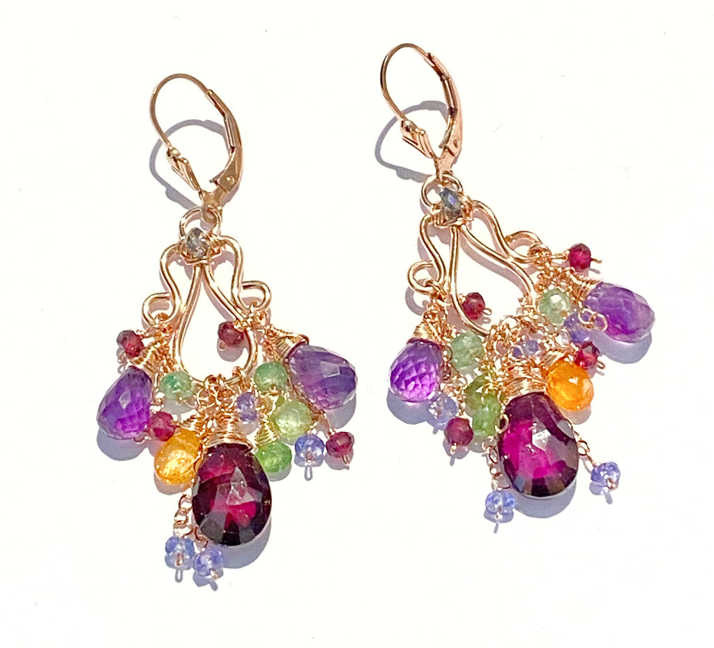rose gold chandelier earrings rhodolite garnet amethyst lever back earrings