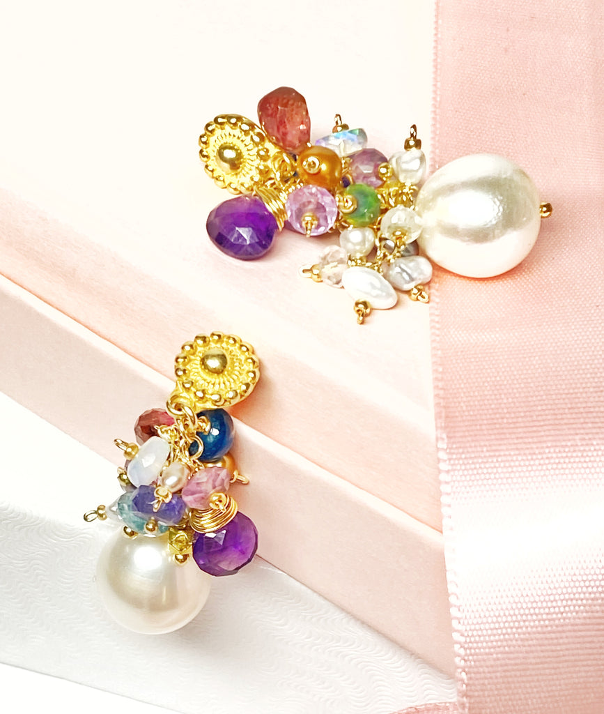 Gemstone Cluster Pearl Earrings, Amethyst, Opal, Pink Tourmaline, Gold Post