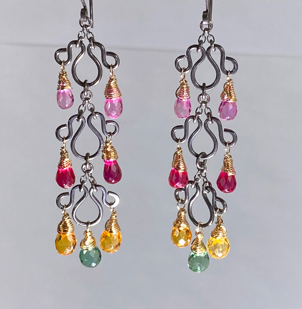 Multi-color Long Chandelier Earrings Oxidized Silver Colorful Corundum Quartz - doolittlejewelry