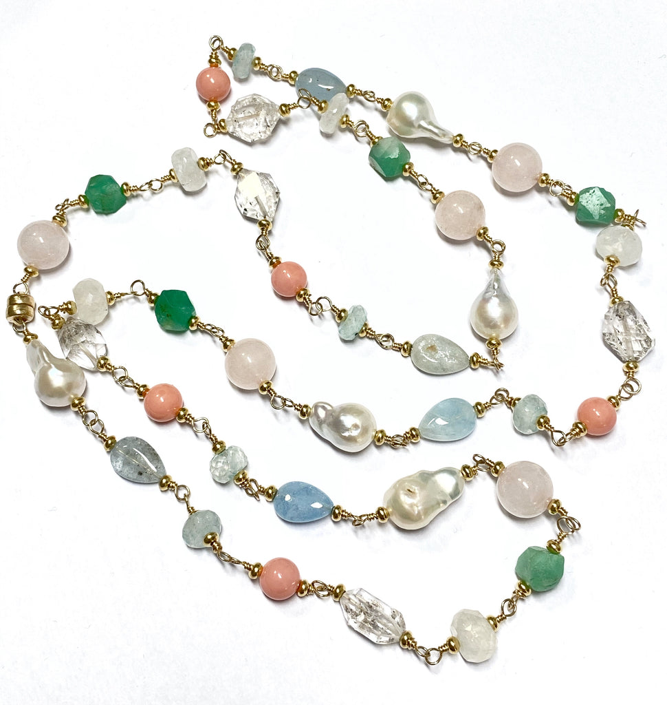 Multi Gemstone Pastel Long Necklace with Herkimer Diamond Aquamarine Gold