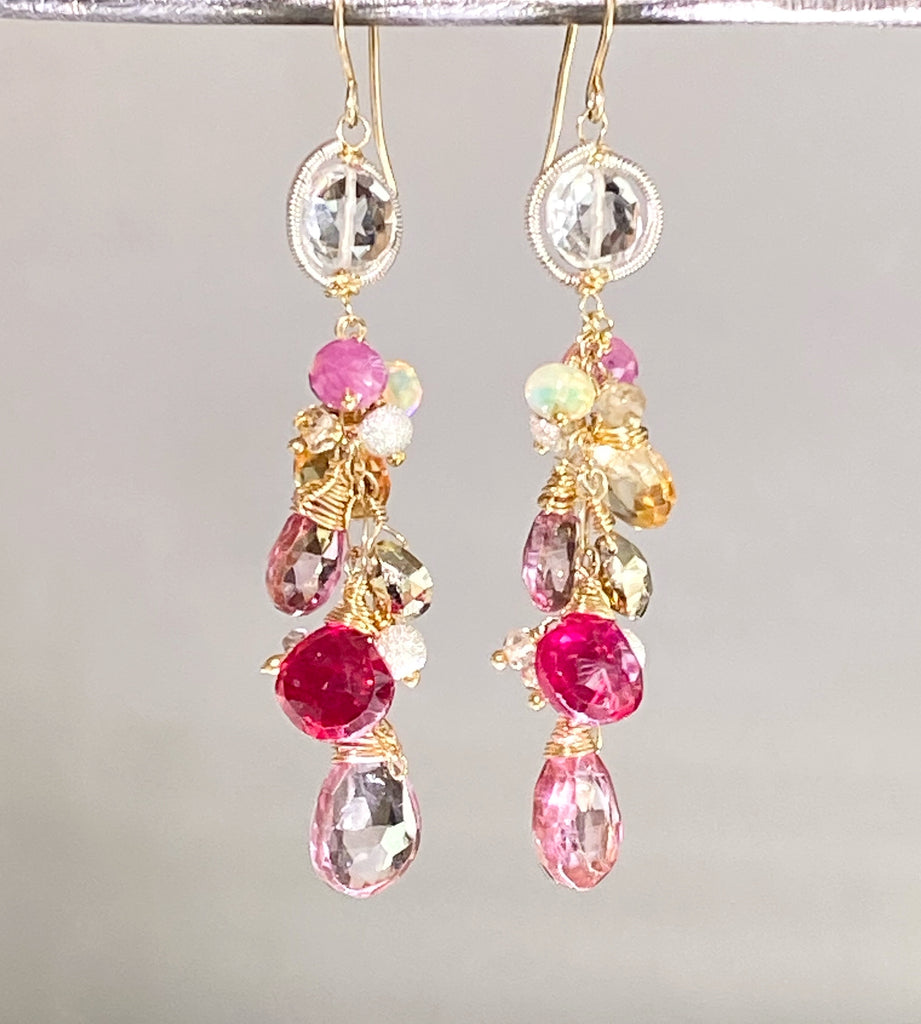 Pink Red Mixed Metal Dangle Earrings Ethiopian Opal