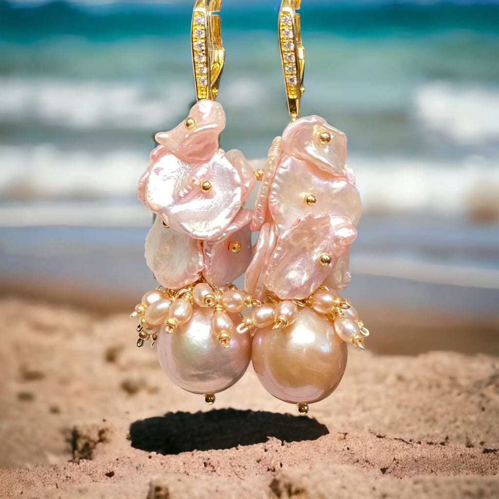Pink Blush Keishi Pearl Cluster Earrings Gold - Doolittle