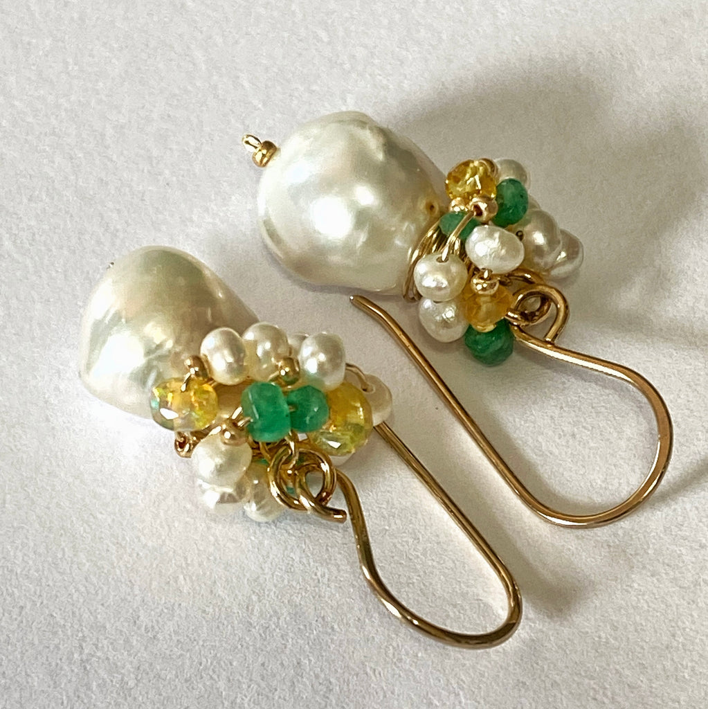 Emerald, Opal and Pearl Cluster Earrings Gold Fill