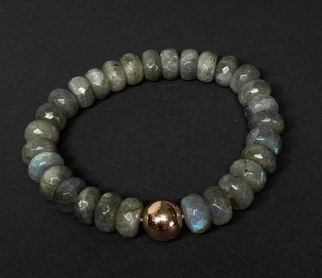 Labradorite Rondelle Stretch Bracelet Rose Gold