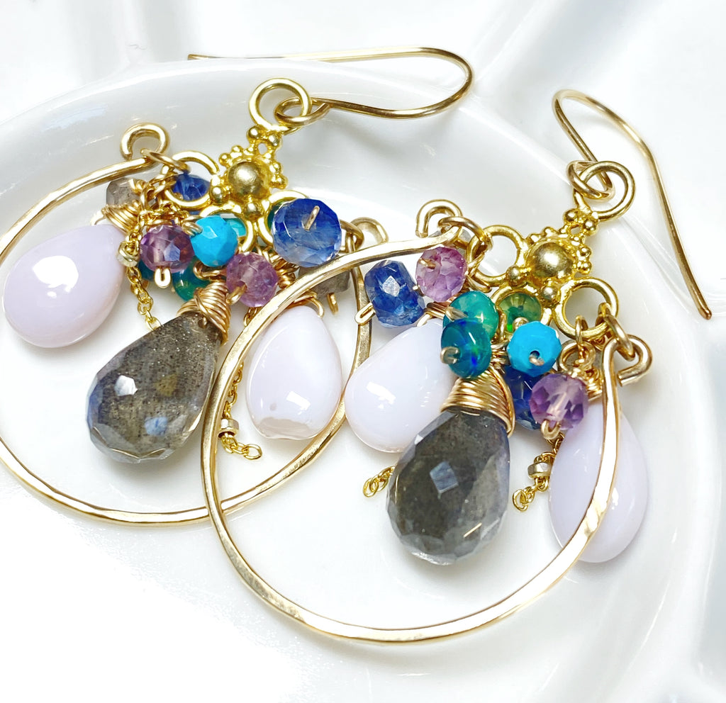Labradorite and Opal Chandelier Hoop Earrings Gold Fill Wire Wrap