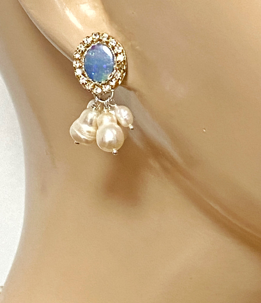 Baroque Pearl and Lightning Ridge Boulder Opal Earrings