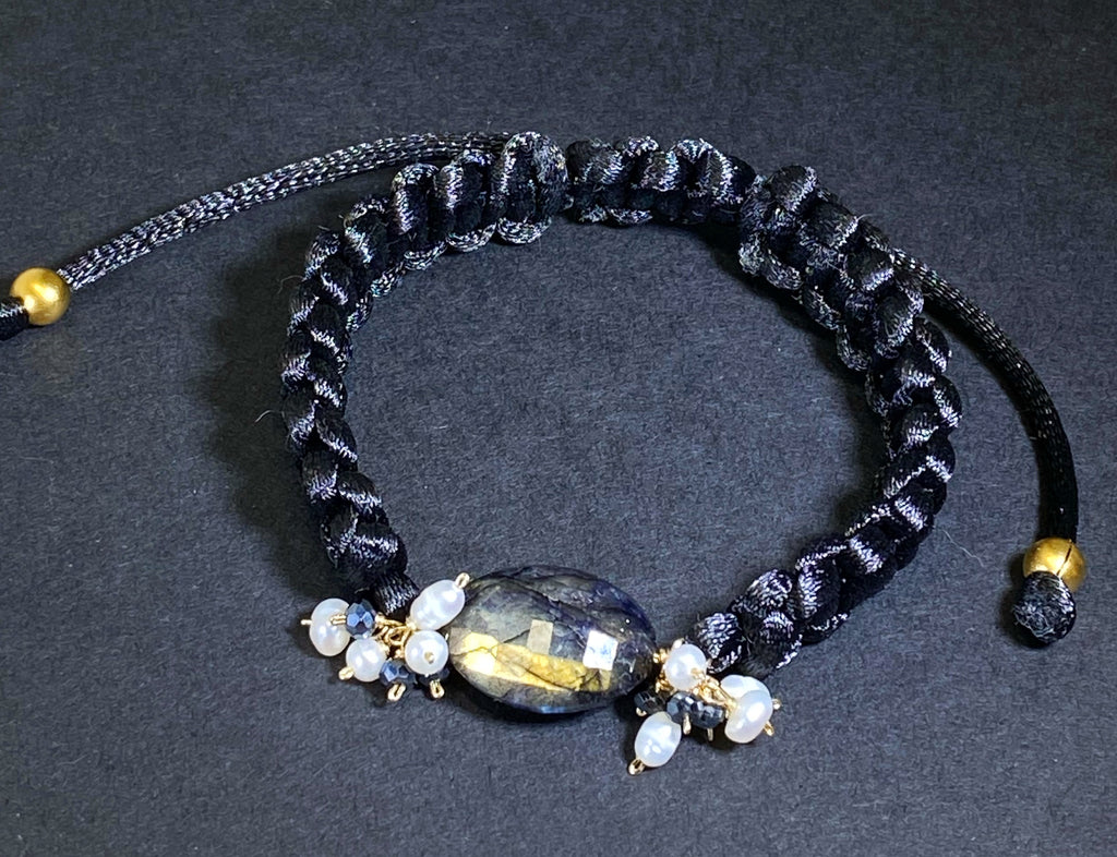 Black Labradorite Knotted Macramé Adjustable Bracelet