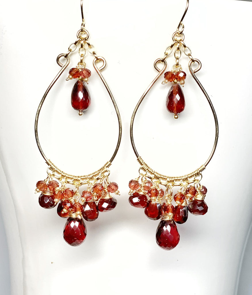 Red Garnet Gold Statement Chandelier Hoop Earrings