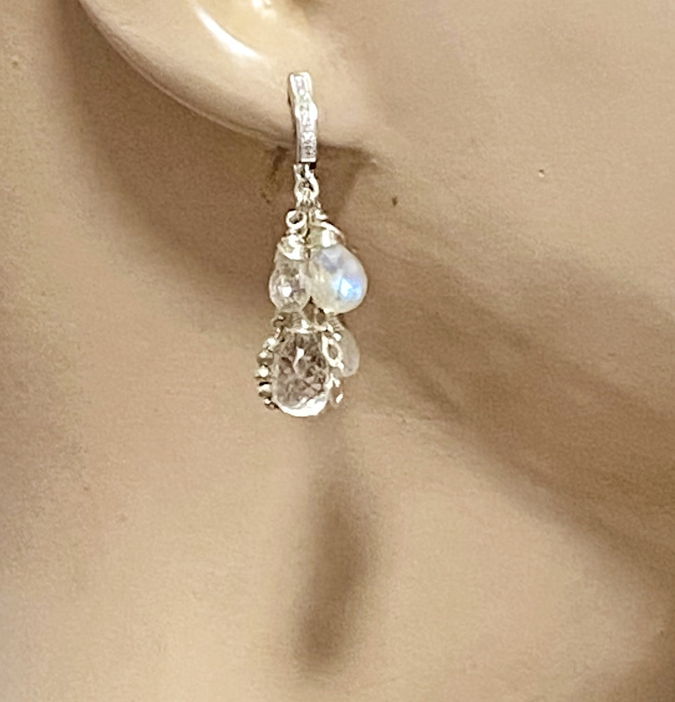 Moonstone Crystal Quartz Dangle Earrings Silver