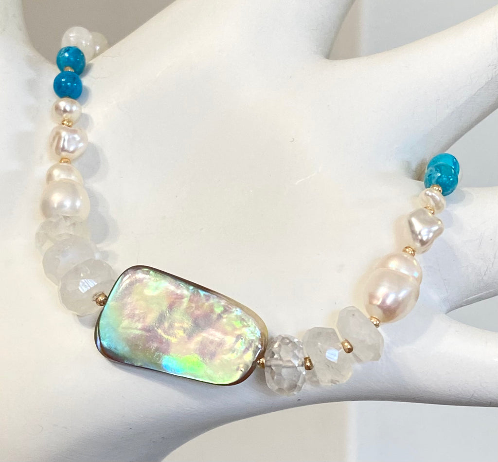 Abalone, Rainbow Moonstone, Turquoise, Pearl Silk Knotted Bracelet