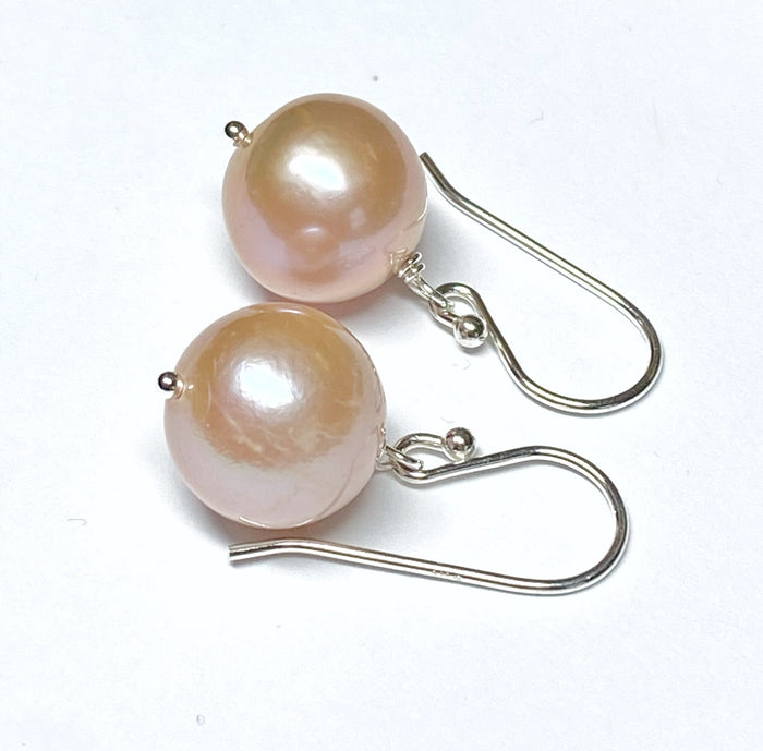 Round Pink Edison Pearl Drop Earrings Sterling Silver