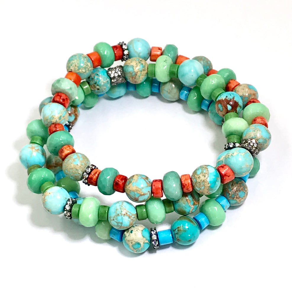 Turquoise Imperial Jasper Bracelet Set of 3 Oxidized Silver Pave CZ - doolittlejewelry