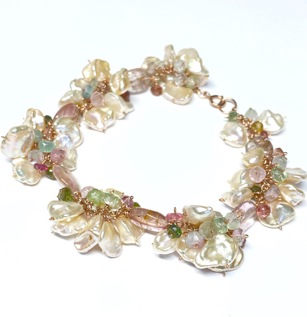 Blush Keishi Pearl Cluster Bracelet with Tourmaline and Rose Gold