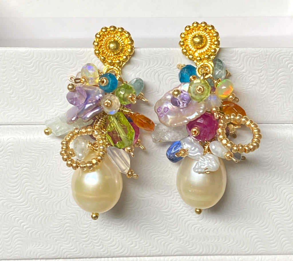 pearl and multi gemstone cluster earrings