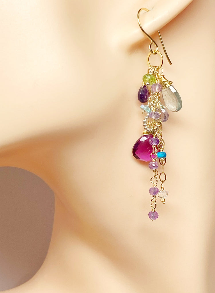 Gemstone Dangle Earrings - Moss Aquamarine, Amethyst, Violet Quartz