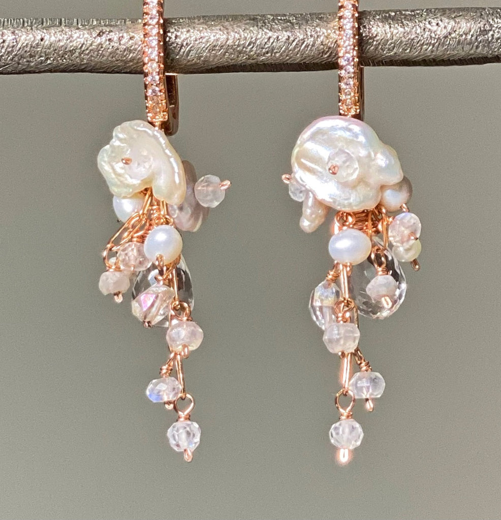 Rose Gold Crystal Quartz Bridal Dangle Earrings with Keishi Pearls