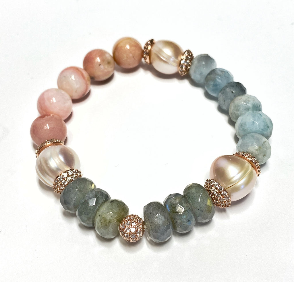 Aquamarine, Labradorite, Pink Opal, Blush Pearl, Rose Gold Pave CZ Bracelet 3