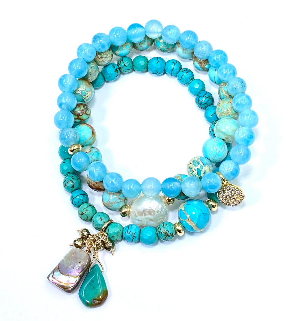 Turquoise, Imperial Jasper, Blue Chalcedony Stretch Stack Bracelet Set of 3 - doolittlejewelry