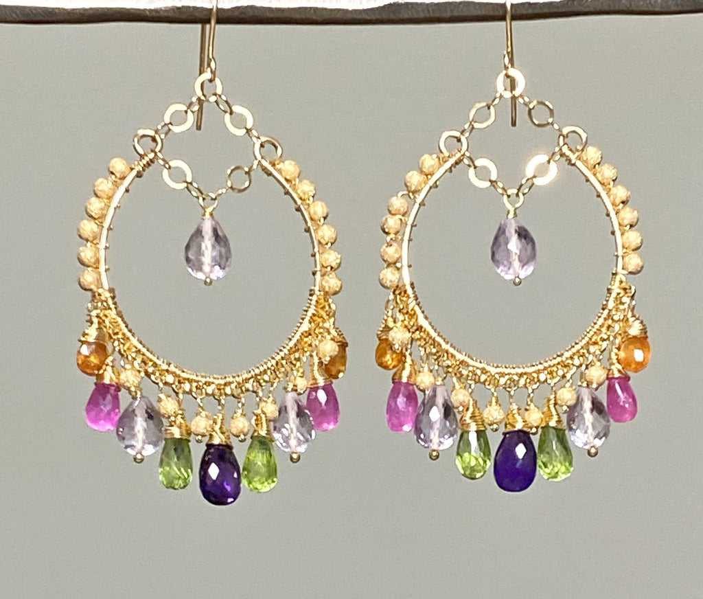 Statement Gemstone Hoop Earrings Gold Pink Sapphire - doolittlejewelry