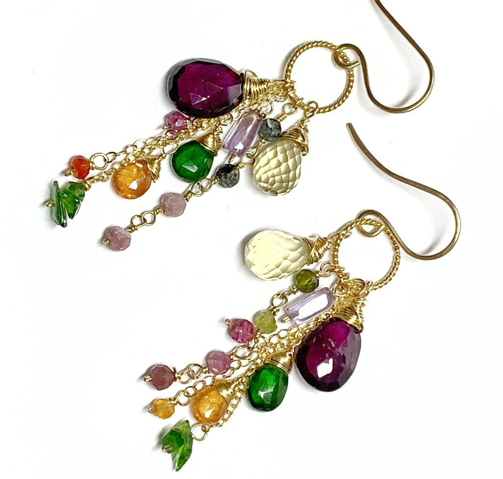 Multicolor Gemstone Gold Dangle Earrings Rhodolite Garnet, Lemon Quartz