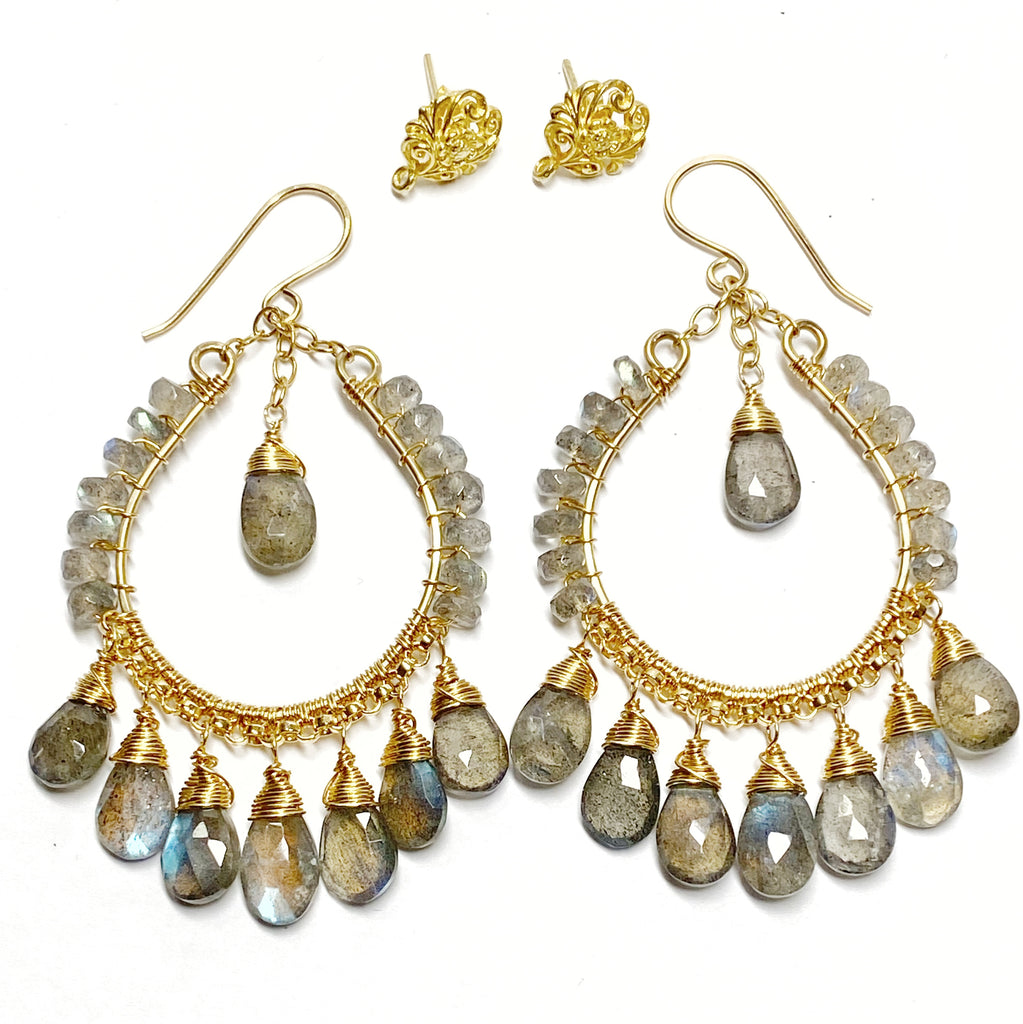 Labradorite gold Chandelier hoop earrings