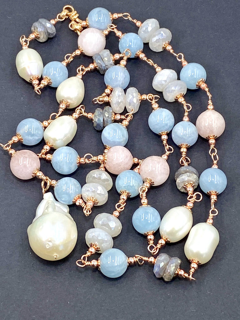 Long Blue Aquamarine Necklace Rose Gold, Pearl Gemstone Sautoir Wire Wrapped