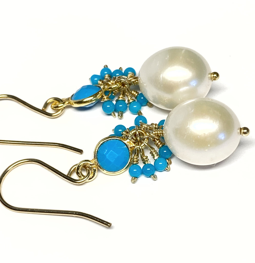 Pearl, Turquoise Gemstone Cluster and Dangle Earrings