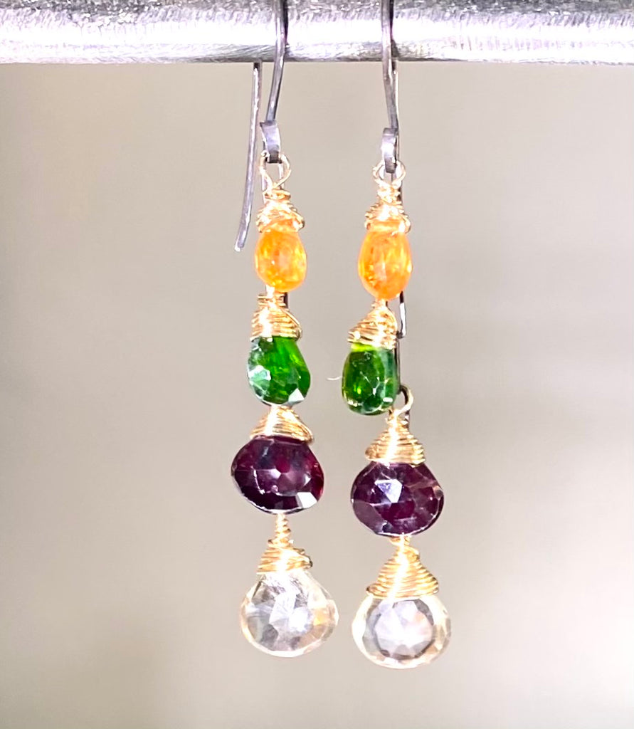 Multi Gemstone Dangle Earrings Mixed Metal Garnet Chrome Diopside