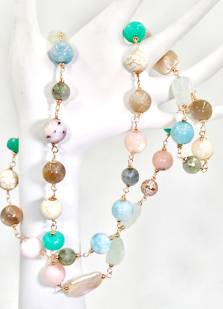 Multi-color Gemstone Pearl Necklace Wire Wrapped Rose Gold