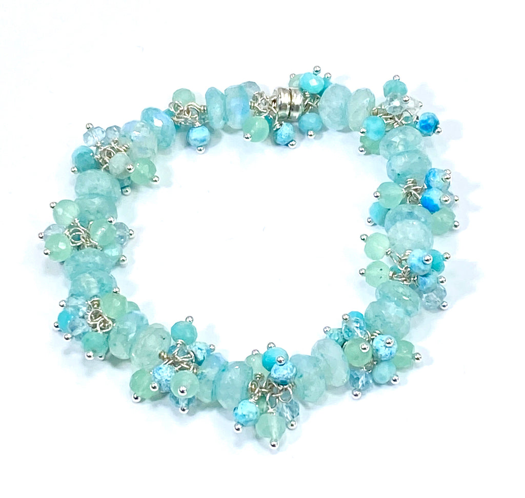 Aqua Moonstone Cluster Bracelet Sterling Silver or Gold Fill - doolittlejewelry